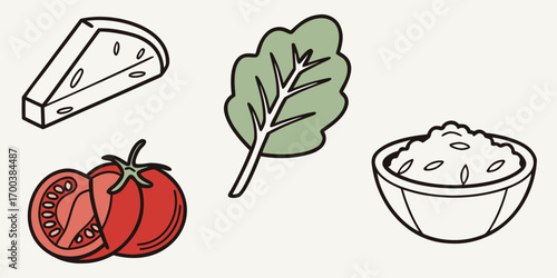 Illustration of ingredients cheese, tomato, lettuce, and rice