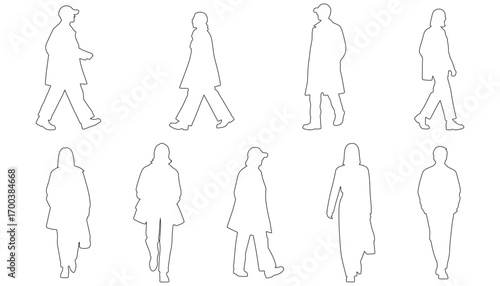 Architectural Drawings fashionable people in motion - walking, turning, and dynamic poses outline vector illustration, front view, human person Minimal style hand drawn. 