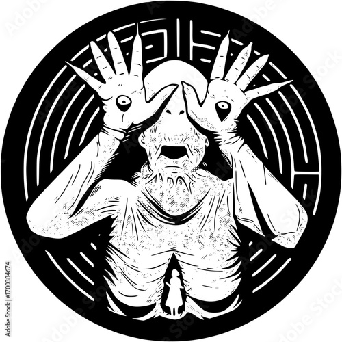 Scary creature with hands over eyes in a maze