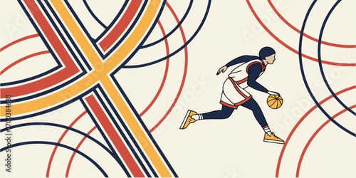 Basketball player dribbling ball with abstract background