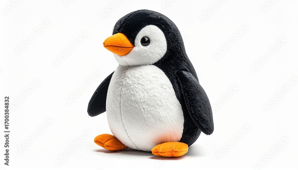Fototapeta premium Plush penguin toy with black and white soft fabric orange beak stitched details round stuffed body and huggable design created as a cute children cuddly toy isolated on white background 