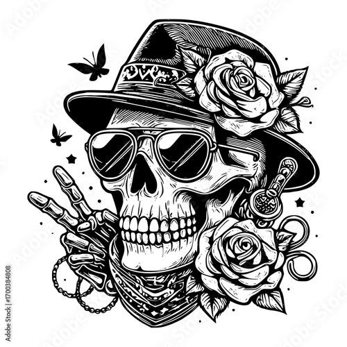 Skull wearing sunglasses and hat with roses
