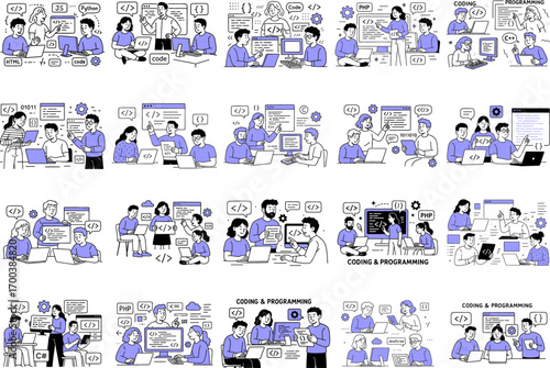 Web development. programming languages. css, html, it, ui. programmer cartoon character developing website, coding. flat illustrations set banner