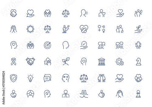 Integrity, Empathy, Respect Core Values Icon Set, Vector Illustration with Adjustable Line Weight, Including Unity, Justice, Leadership, Equality, Growth, Mindset, Ethics, Collaboration, teamwork