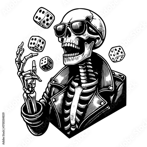 Skeleton with sunglasses playing dice