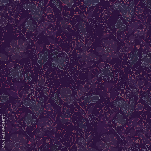 Dark purple floral pattern with sketched flowers and leaves background, seamless pattern, royalty free stock.