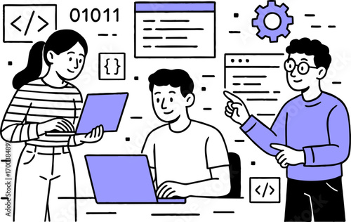 Web development. programming languages. css, html, it, ui. programmer cartoon character developing website, coding. flat illustration banner