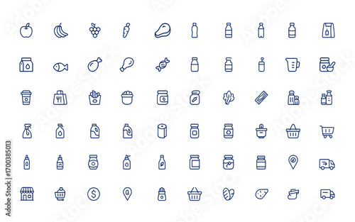 Grocery Food Vector Icon Set, Supermarket, E-commerce and Delivery Icons with Fruits, Vegetables, Dairy, Snacks, Beverages, Pantry, Meat, Household, Baby Items, Organic Food Illustration
