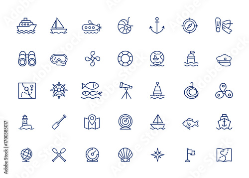 Nautical Adventure Vector Icon Set, Marine Travel, Cruise, Sailing, Submarine, Anchor, Lighthouse, Compass, Boat, Diving, Navigation, Flippers, Ocean Exploration, Vector Illustration
