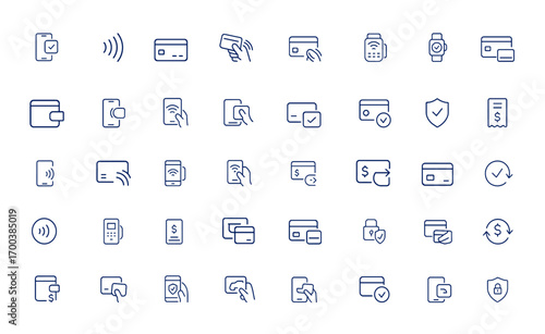 Contactless Payment, Mobile Wallet, NFC Vector Icon Set, Credit Card, Tap, Secure Transaction, POS Terminal, Checkout, Authentication, Wireless Pay, Commerce Icons