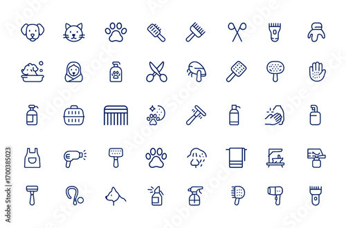 Pet Grooming Icon Set, Dog and Cat Care Vector, Trimming, Fur Cleaning, Scissors, Brush, Comb, Clippers, Dryer, Hygiene, Accessories, Animal Salon Tools, Bathing and Spa Icons, vector illustration