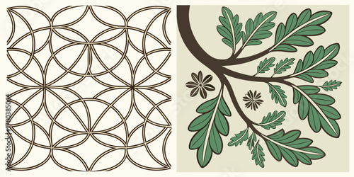 Geometric pattern and oak branch with leaves on a light background