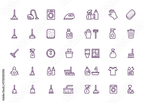 Cleaning Icon Set, Housekeeping Tools Vector, Mop, Vacuum, Laundry, Iron, Gloves, Sponge, Janitorial Supplies, Sanitation Equipment, Home Hygiene Maintenance Graphics, floor cleaning icon