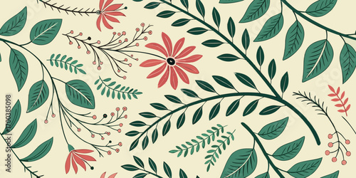 Seamless pattern with stylized floral and leaf motifs in muted colors