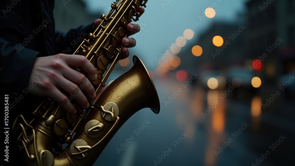 Obraz premium Musician playing a saxophone outdoors at dusk with bokeh lights