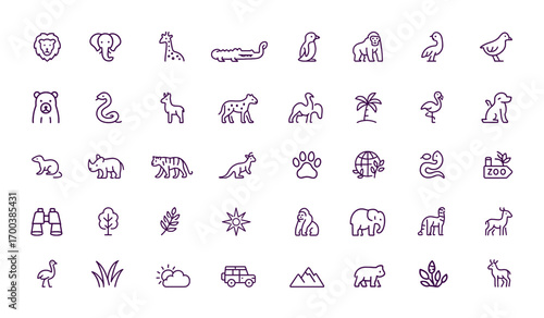 Wildlife Icon Set, Zoo Animals, Jungle Safari Vector Illustration, Nature Exploration with Lion, Elephant, Giraffe, Penguin, Reptile, Crocodile, Tiger, Habitat, Biodiversity, Conservation