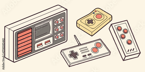 Collection of retro video game controllers and console