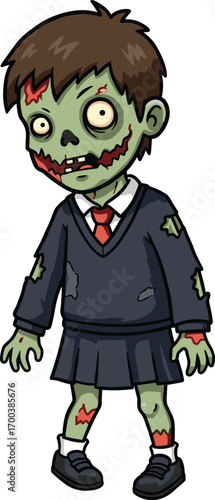 Creepy cartoon zombie schoolgirl character in uniform with torn clothes and scary face, Halloween horror undead child illustration for design