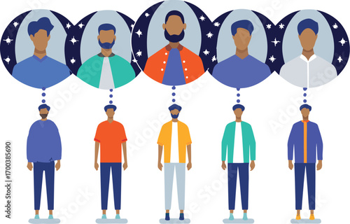 Editable Vector Illustration Celebrating Diverse Identities as a Mosaic of Aspirations and Reflections in a Modern World with Bright Colors.