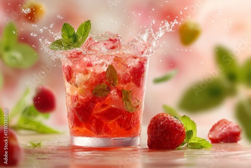 Wallpaper Mural Strawberry Cocktail: A refreshing strawberry cocktail, bursting with vibrant colors, with mint leaves creating a captivating scene of summer delight, offering a refreshing sensation. Torontodigital.ca