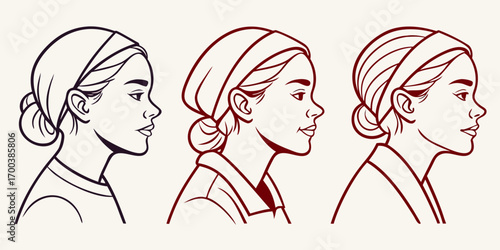 Three womens profiles with different hairstyles and headbands