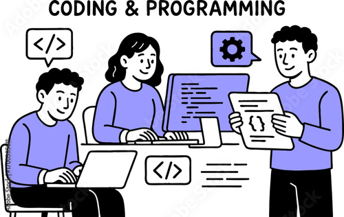 Web development. programming languages. css, html, it, ui. programmer cartoon character developing website, coding. flat illustration banner