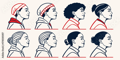 Diverse hairstyles and headwear shown in profile