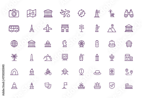 Adventure Travel Icons, Sightseeing Trip Vector Set, Camera, Map, Castle, Compass, Monument, Museum, Lighthouse, Statue, Bus, Binoculars, Landmark Illustration, Cultural Exploration,