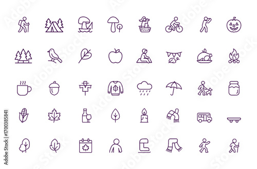 Fall Recreation Icon Set, Autumn Activity Symbols in Outline Style, Featuring Camping, Hiking, Fishing, Cycling, Birdwatching, Mushroom Foraging, and More for Seasonal Outdoor Adventures, vector