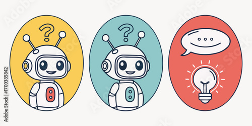 Cute robot characters with question marks and lightbulb idea, isolated on white