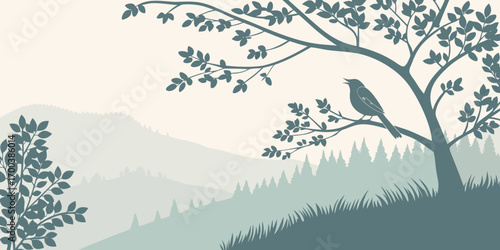 Silhouette of a bird perched on a tree branch in a misty landscape