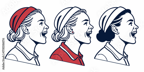 Three women with different hairstyles, profile view