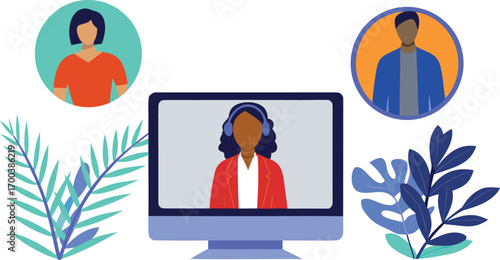 Editable Flat Vector Illustration of Team Collaboration Thriving in a Seamless Online Meeting Showcasing Unity and Modern Teamwork.
