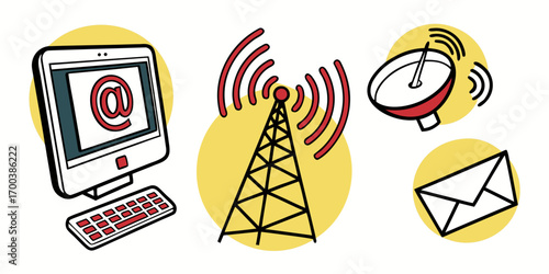 Communication icons computer, antenna, satellite dish, email