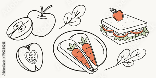 Healthy food illustration with apples, carrots, and sandwich