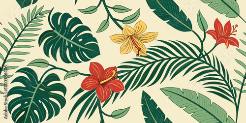 Seamless tropical pattern with hibiscus flowers and palm leaves