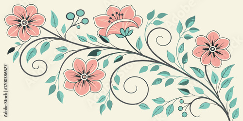 Floral branch with pink flowers and green leaves isolated on cream background