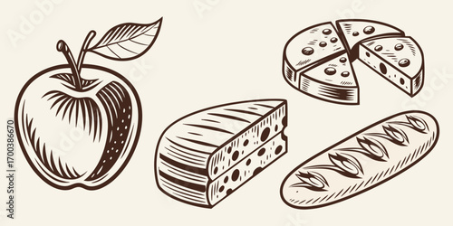 Sketch of apple, cheese, and bread on a light background