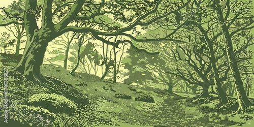 A winding path through a lush green forest with large trees