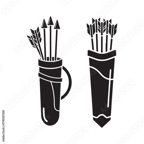 Dynamic Black Silhouette Icons of Archery Quivers and Arrows
