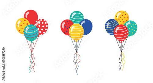 Brightly colored celebration balloons bunches floating upward with decorative ribbons and streamers for festive occasions and parties