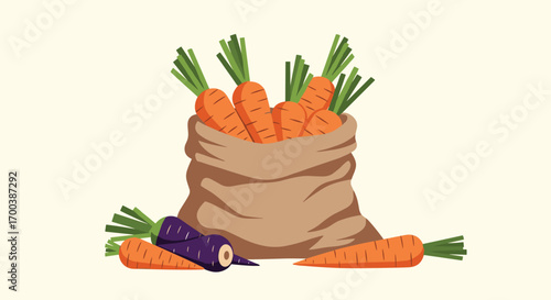 A rustic burlap sack overflowing with freshly harvested carrots and a pile of carrots outside the bag