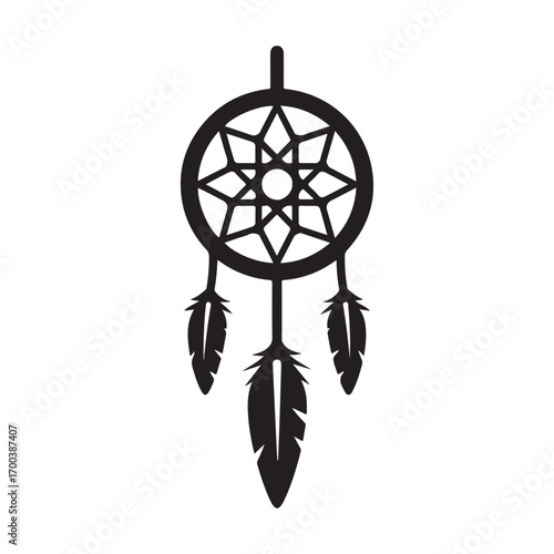 Elegant Black Dreamcatcher Silhouette with Geometric Star Web and Hanging Feathers