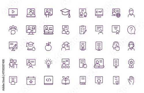 Education, Online Learning, Webinar, Certification, Virtual Training Icon Set, eLearning, Digital Classroom, Graduation, Remote Study, Language Course, Adjustable Line Weight, school icon vector