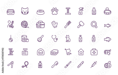 Cat Grooming Care Icon Set, Vector Illustration, Feline Hygiene, Pet Accessories, Feeding Bowl, Scratching Post, Collar, Litter Box, Veterinary Tools, Kitten Supplies, black linear icons, animal care 