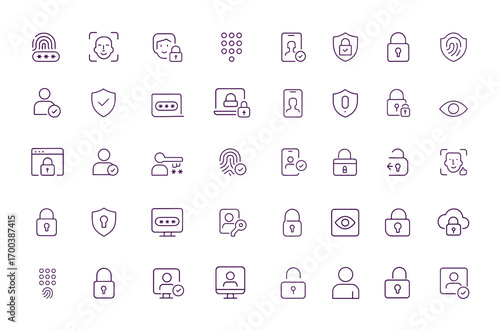 Password Security Icon Set, Biometrics, Fingerprint, Face ID, Passcode, Shield, Mobile Login, Privacy, Two-Factor Authentication, Access Control, Digital Encryption, Cyber Safety, vector illustration