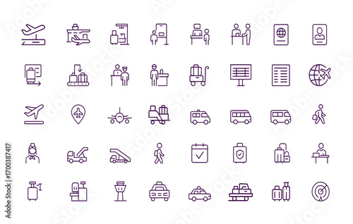 Airport Services Vector Icon Set, Terminal, Boarding, Security, Check-in, Passport Control, Customs, Baggage Claim, Flight Info, Travel, Airline, Transportation, Departure Procedure Icons