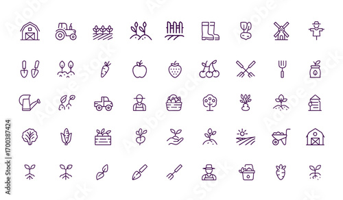 Farming Agriculture Vector Icon Set, Organic Produce, Barn, Tractor, Fruits, Vegetables, Gardening Tools, Rural Lifestyle, Harvest, Orchard, Cultivation, Sustainable Farm Life, food icon pack