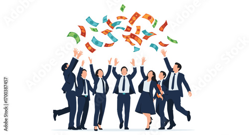 Team of business professionals celebrating with money raining down around them a symbol of financial success and prosperity