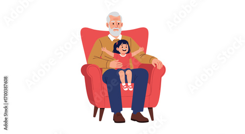 An elderly gentleman sitting in a cozy armchair holding his young granddaughter on his lap